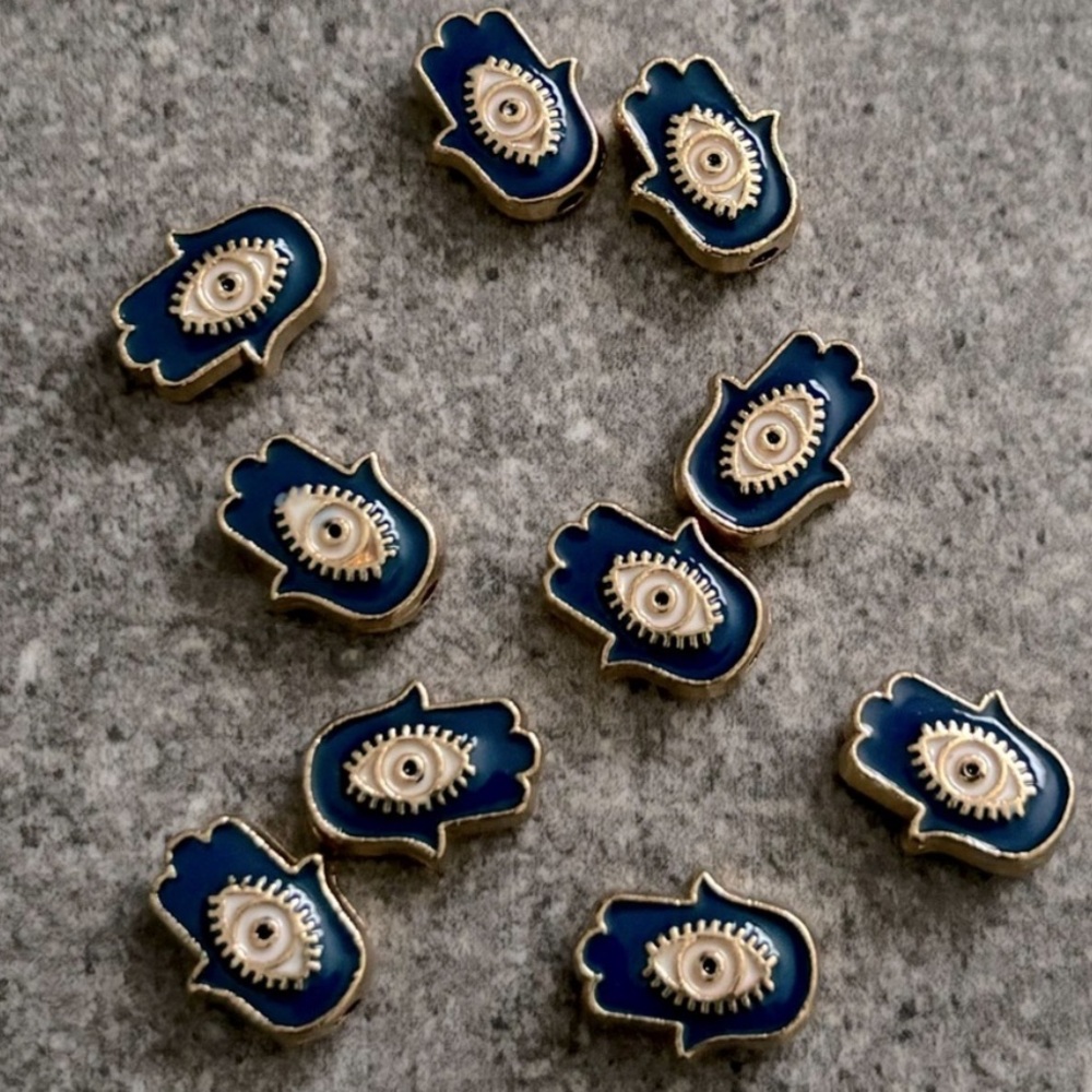 New Blue Hamsa Hand Evil Eye Good Luck Double-Sided Charms Beads 10pcs